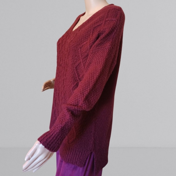 Suzy Shier Women's Burgundy Oversized V-neck Cable Knit Sweater - Picture 12 of 16